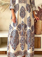Retro Ethnic Floral Pattern Art Print Casual V-neck Cotton Linen Maxi Dress