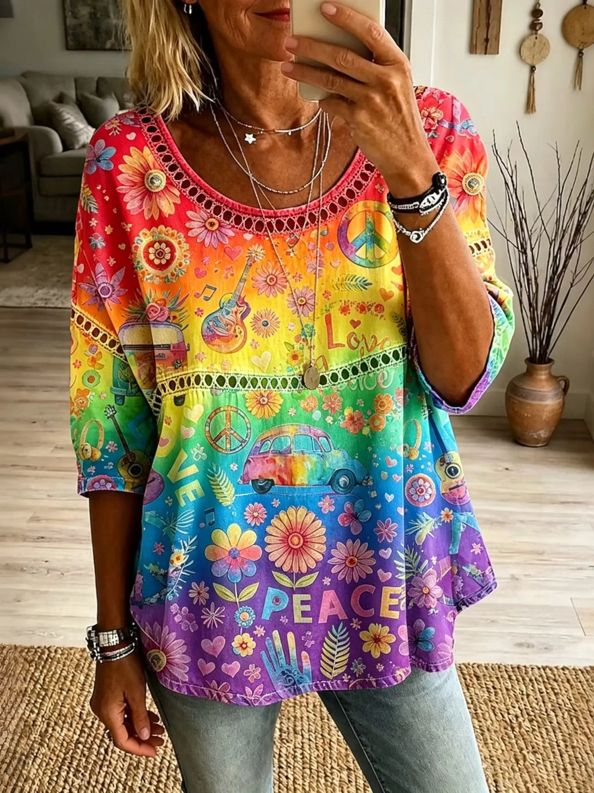 Women Rainbow Hippie Car Floral Print Loose 3/4 Sleeve Top