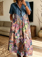 Women’s Denim Collar Colorful Butterfly Print Spliced Midi Shirt Dress