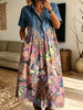 Women’s Denim Collar Colorful Butterfly Print Spliced Midi Shirt Dress