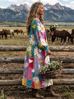 Women‘s Colorful Patchwork Daisy Heart Print Square Neck Balloon Sleeve Boho Midi Dress