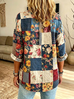 Women’s Vintage Quilted Patchwork Floral Plaid Ruffle Collar Loose Blouse