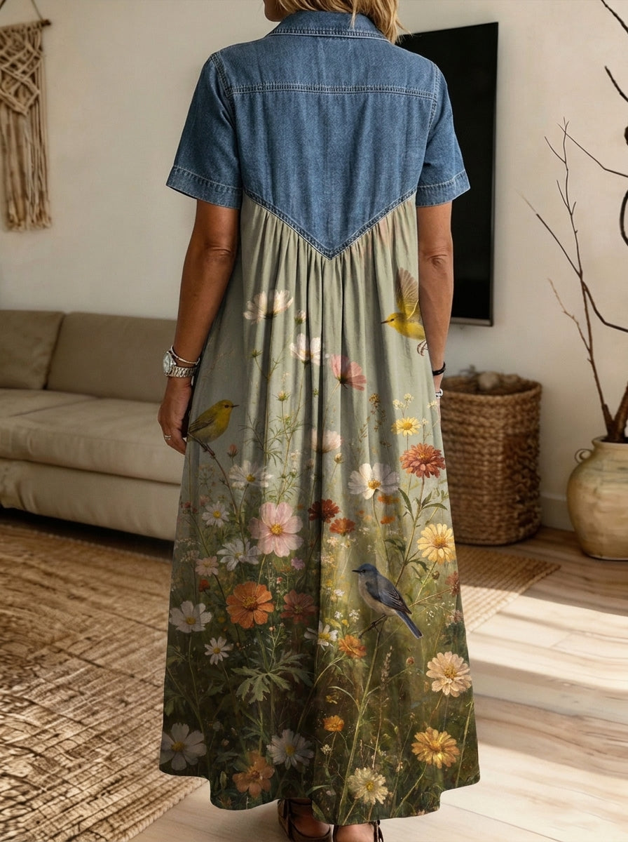 Women’s Denim Spliced Wildflower Bird Print Shirt Midi Dress With Pockets