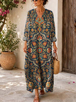 Retro Floral Pattern Art Print Casual V-neck Long Sleeve Cotton Linen Maxi Dress