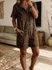 Women’s Hooded Leopard Print Short Sleeve Button Front Denim Romper With Pockets