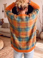 Colorful Plaid Open Front V Neck Knit Cardigan