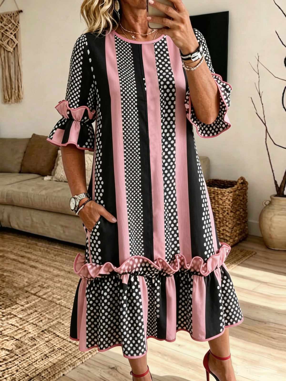 Women Striped Polka Dot Ruffle Bell Sleeve Midi Dress With Pockets