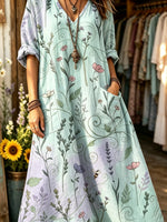 Women's Gradient Watercolor Wild Herb Floral Print V-neck Maxi Dress