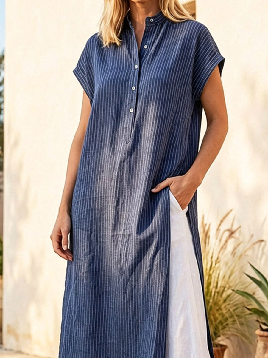 Classic Stripe Pattern Art Print Casual Side Slits Stylish Cotton Linen Shirt