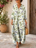 Retro Floral Pattern Art Print Casual V-neck Long Sleeve Cotton Linen Maxi Dress