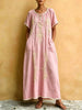 Women's Tassel Tie Neck Floral Embroidery Print Lace Trim Short Sleeve Maxi Dress