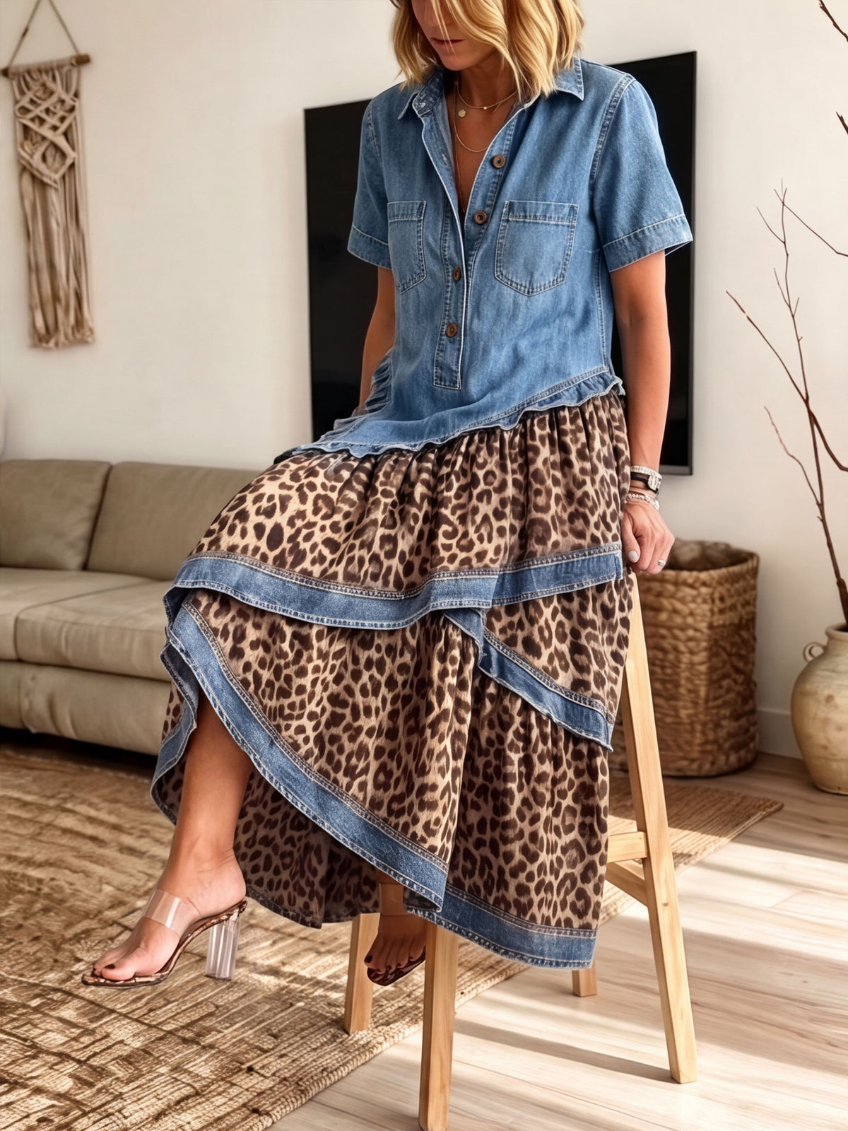 Women's Denim Leopard Patchwork Asymmetrical Tiered Maxi Dress With Pockets