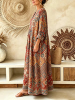 Women Vintage Ethnic Floral Geometric Print V-neck Maxi Dress