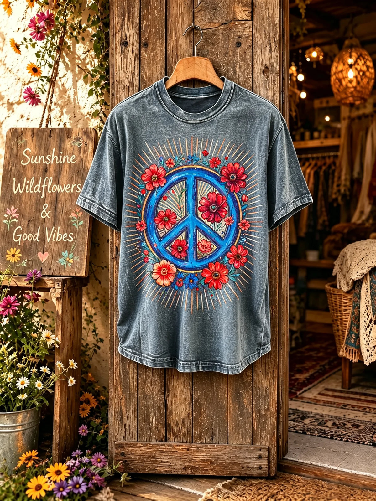 Unisex Vintage Flower Peace Sign Print Short Sleeve T-Shirt