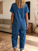 Women’s Short Sleeve Zip Front Loose Denim Jumpsuit With Multi Pockets