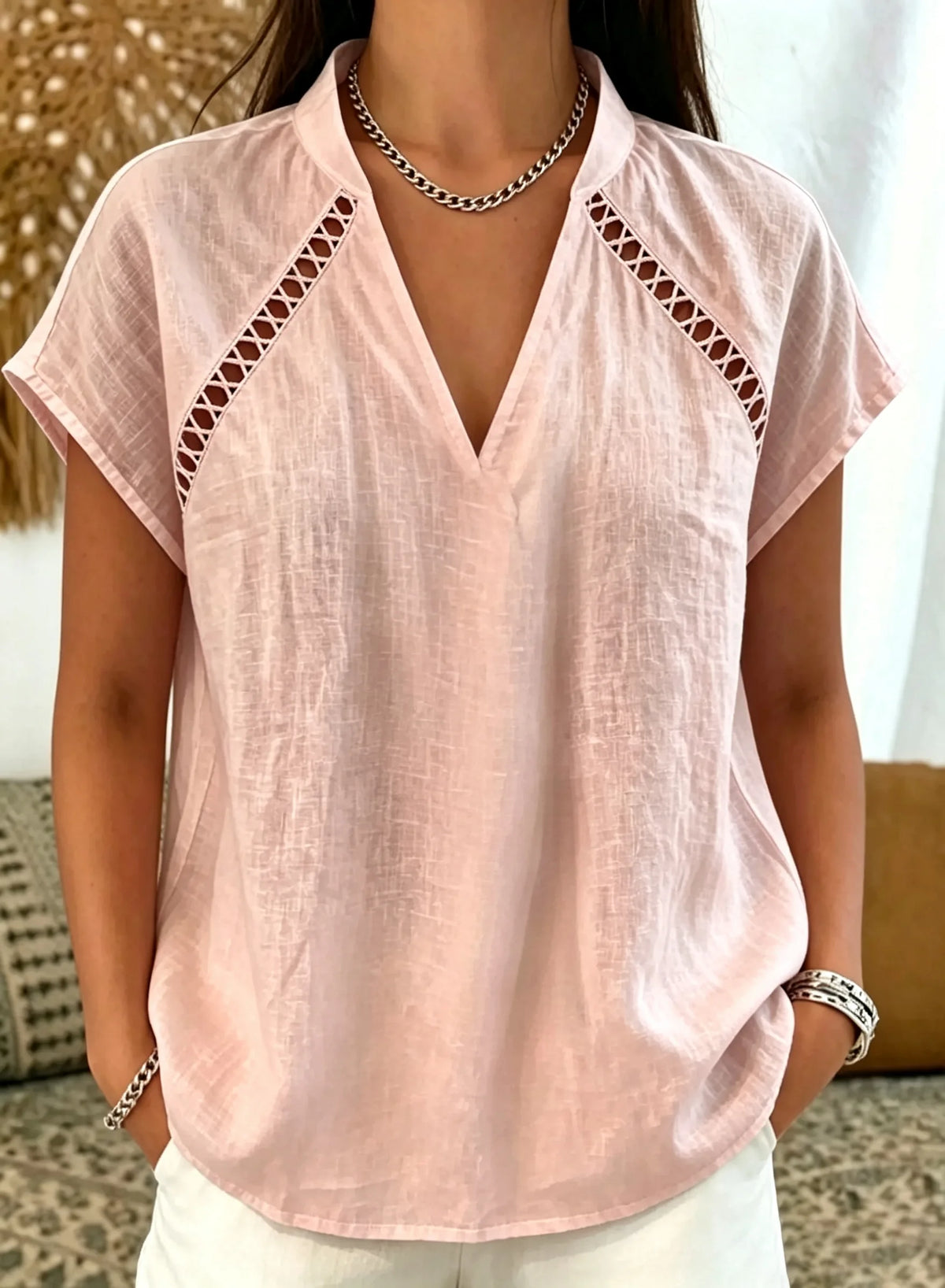 Women's V Neck Cutout Diagonal Shoulder Loose Linen Cotton Short Sleeve Top