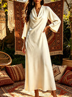 Women's Cowl Neck Art Casual 3/4 Sleeve Cotton Linen Long Dress