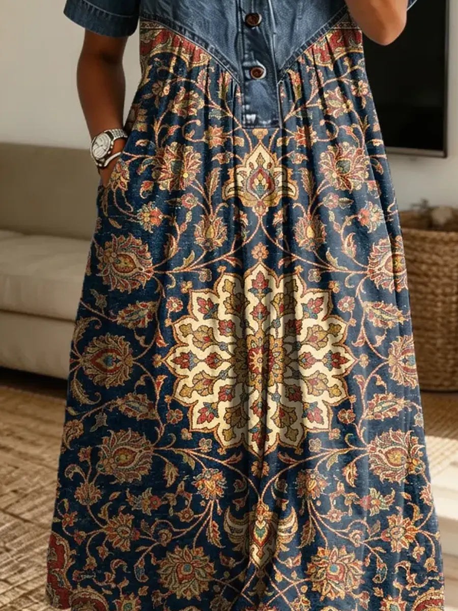 Retro Floral Pattern Art Print Casual Stylish Lapel Denim Patchwork Dress