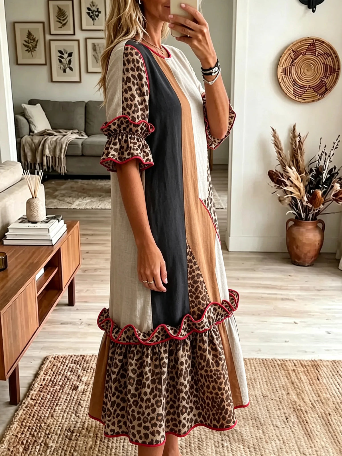 Women's Color Block Vertical Stripe Leopard Patchwork Red Trim Ruffle Sleeve Midi Dress