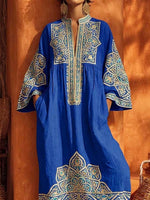 Retro Ethnic Pattern Art Print Casual Stand Collar Cotton Linen Maxi Dress