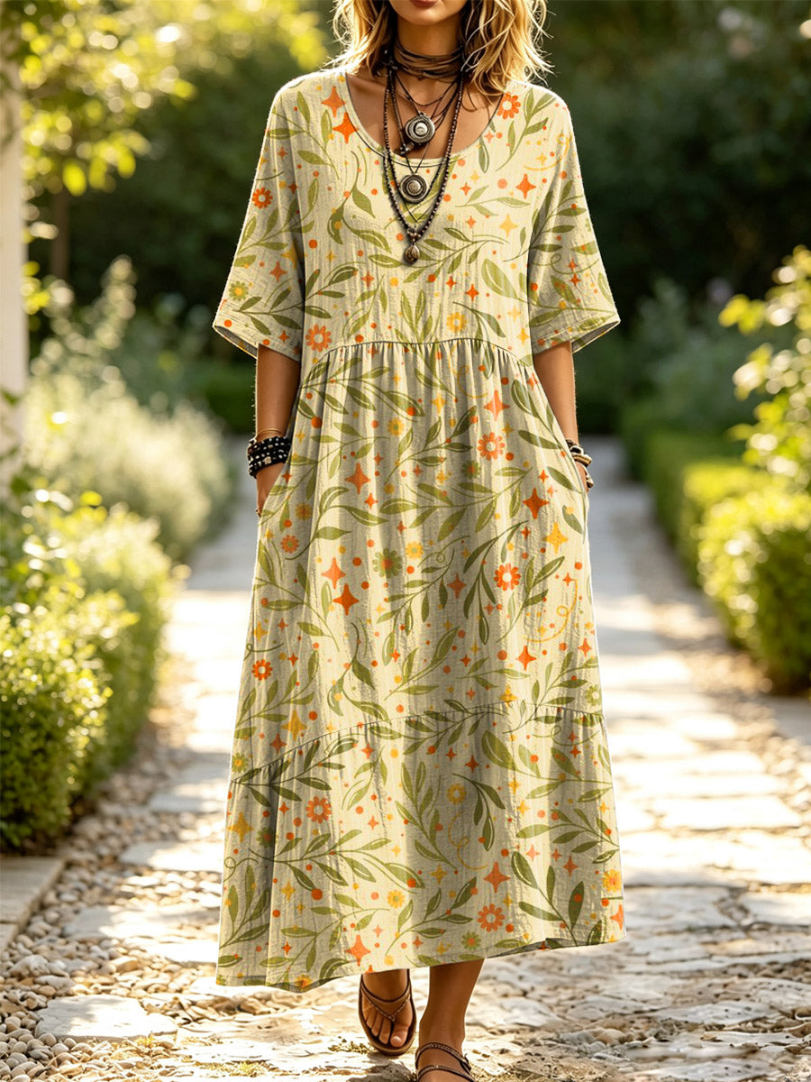 Women's Floral Pattern Art Print Casual Short Sleeve Linen Dress