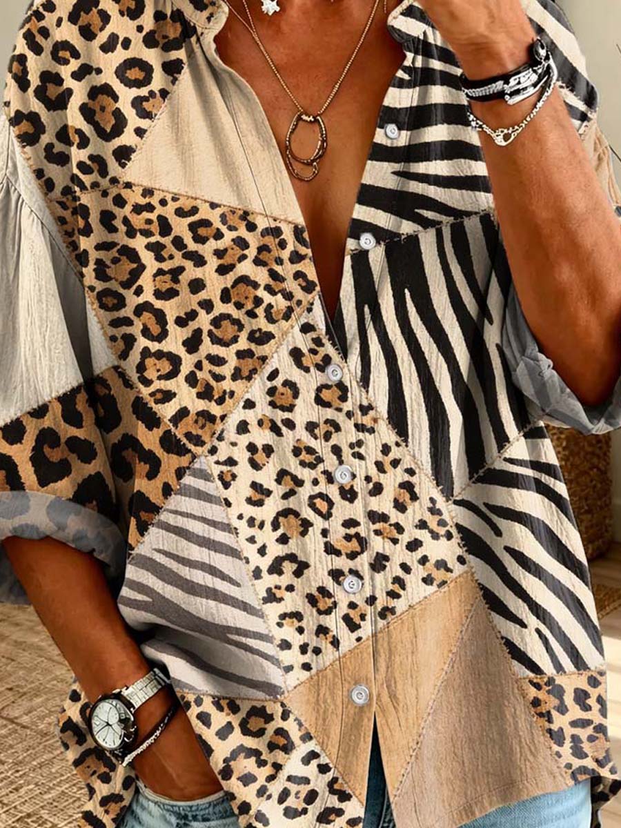 Retro Leopard Patchwork Pattern Art Print Casual Long Sleeve Cotton Linen Shirt
