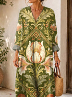 Retro Floral Pattern Art Print Casual V-neck Long Sleeve Cotton Linen Maxi Dress