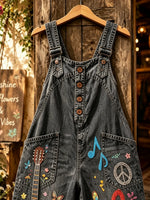 Women's Vintage Music Guitar Print Denim Overalls Long Pants