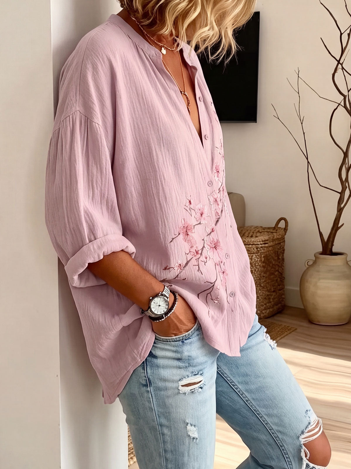 Women’s Notch Collar Cherry Blossom Print Loose Button Down Blouse
