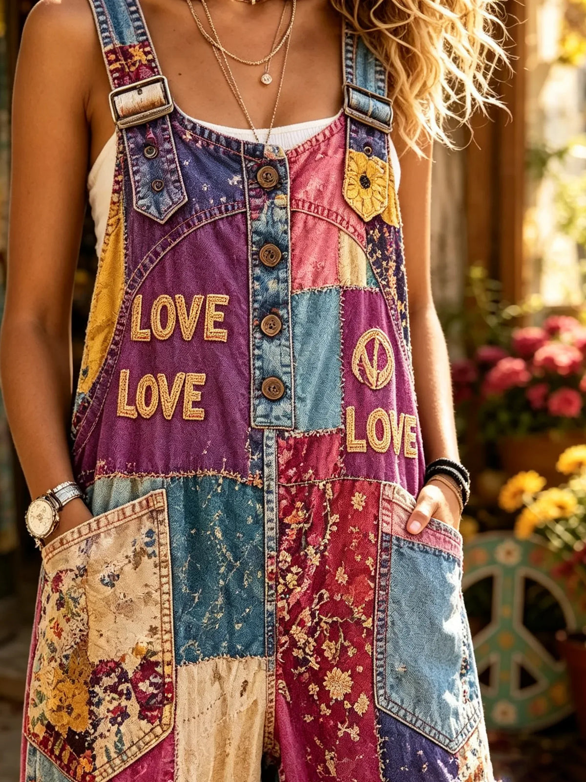 Women's Rainbow Patchwork Heart Sun Floral Peace Print Loose Denim Overalls
