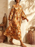 Retro Floral Pattern Art Print Casual V-neck Cotton Linen Maxi Dress