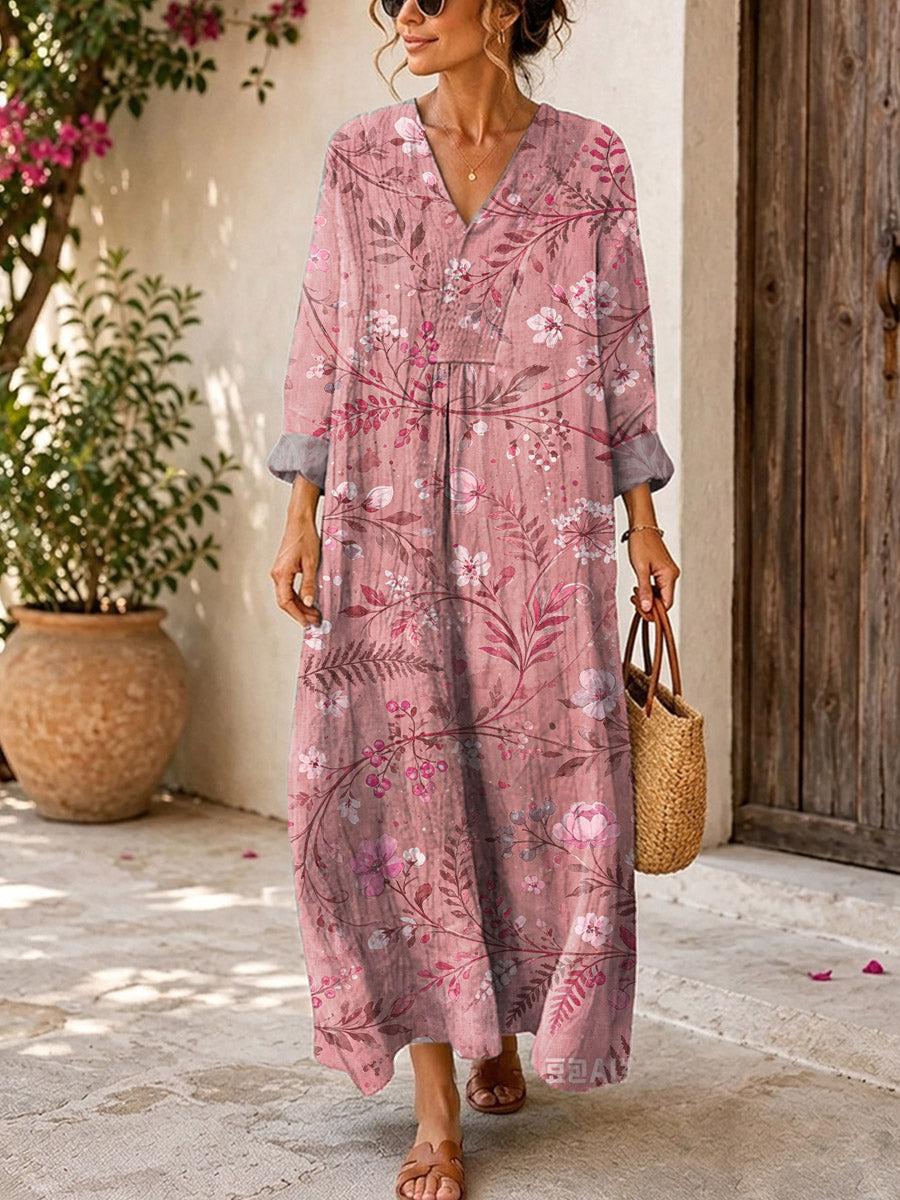 Retro Floral Pattern Art Print Casual V-neck Long Sleeve Cotton Linen Maxi Dress