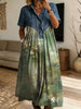 Women’s Denim Spliced Vintage Green Oil Painting Floral Shirt Midi Dress With Pockets