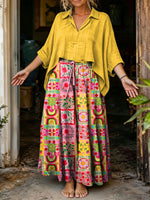 Women's Bright Yellow Oversized Shirt & Patchwork Floral Wide Leg Pants Boho 2 Piece Set