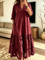 Women's Solid Hollow Out Art V-Neck Loose Maxi Dress