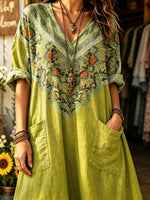 Women's Solid Body Ethnic Geometric Yoke Print V-neck Maxi Dress