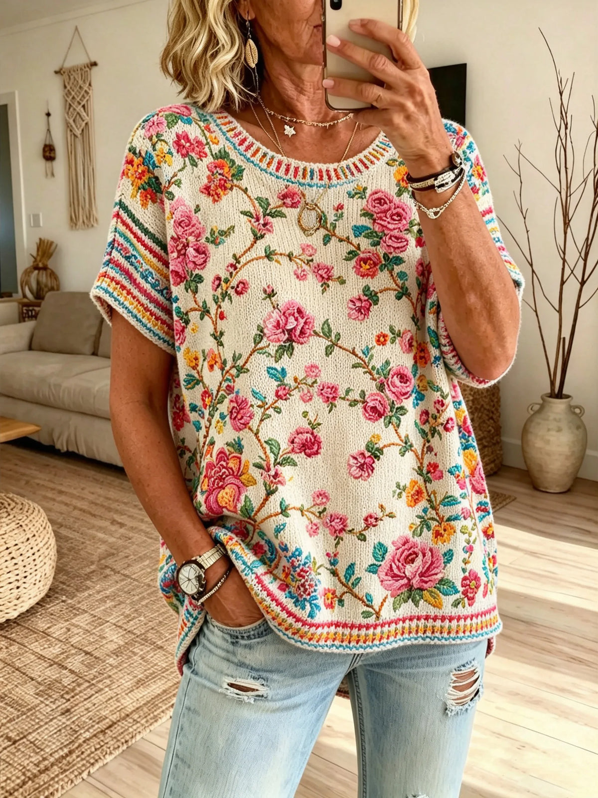 Women's Off-White Base Vintage Rose Floral Stripe Print Crew Neck Loose Short Sleeve Knit Top