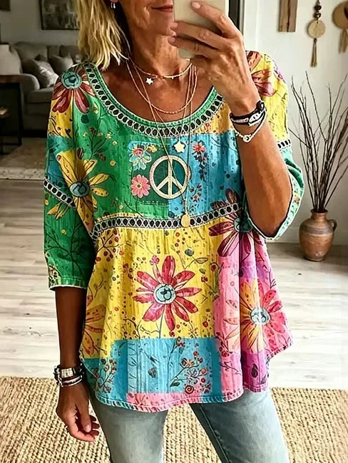 Women's Color Block Daisy Peace Logo Print Hollow Round Neck 3/4 Sleeve Babydoll Blouse