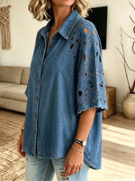 Women's Cutout Lace Sleeve Denim Shirt