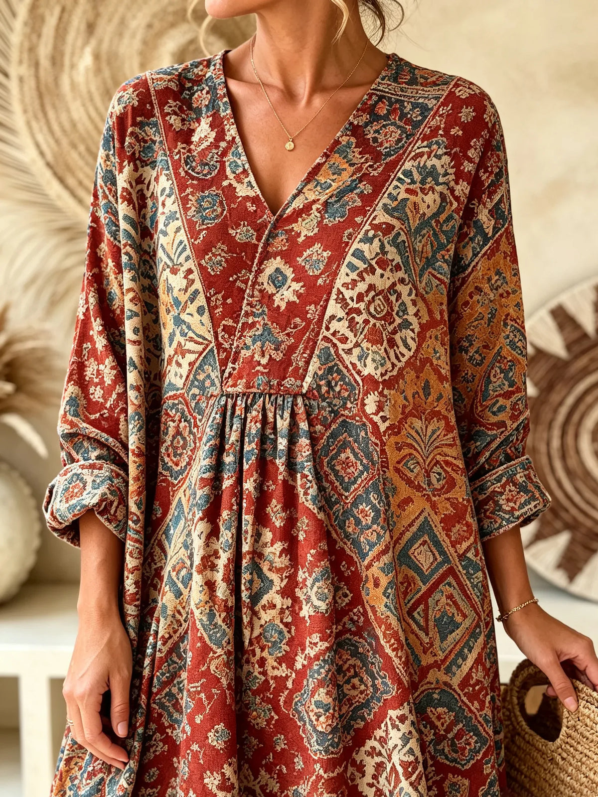 Women Vintage Ethnic Floral Geometric Print V-neck Maxi Dress