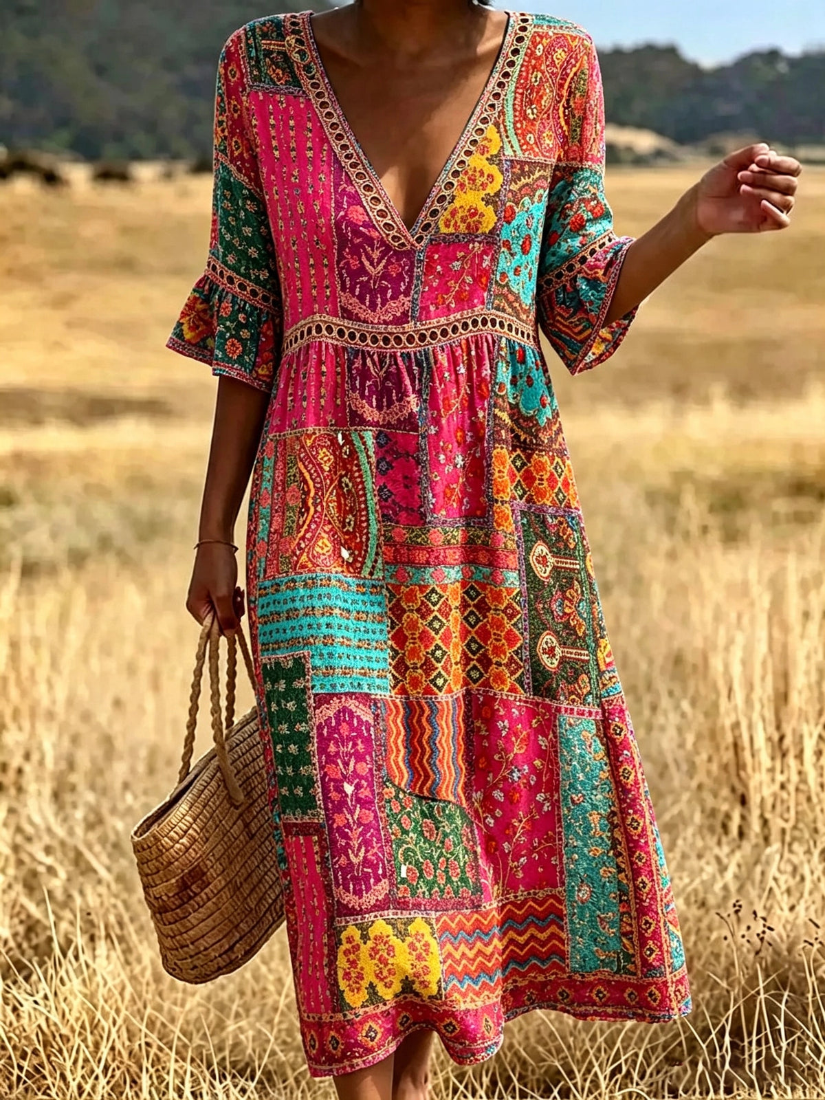 Women's Eyelet Cutout Patchwork Midi Dress