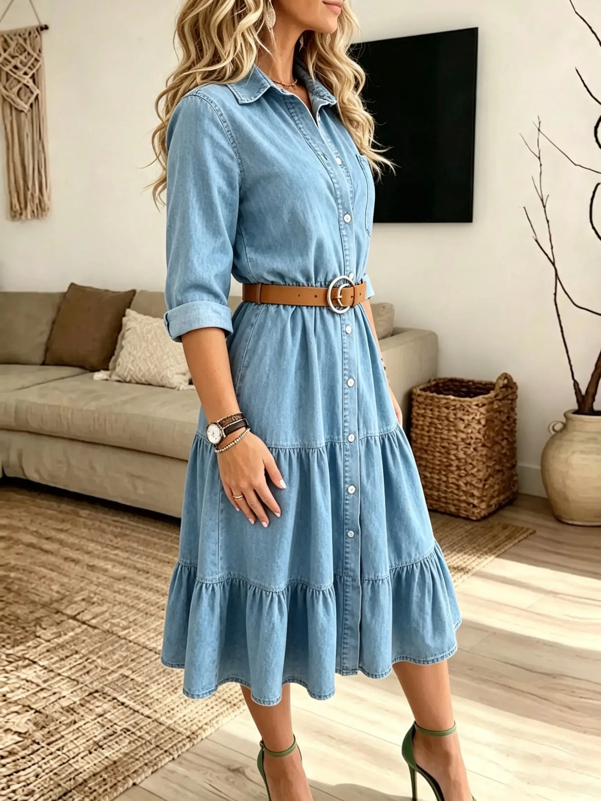 Women's Tiered Denim Shirt Midi Dress