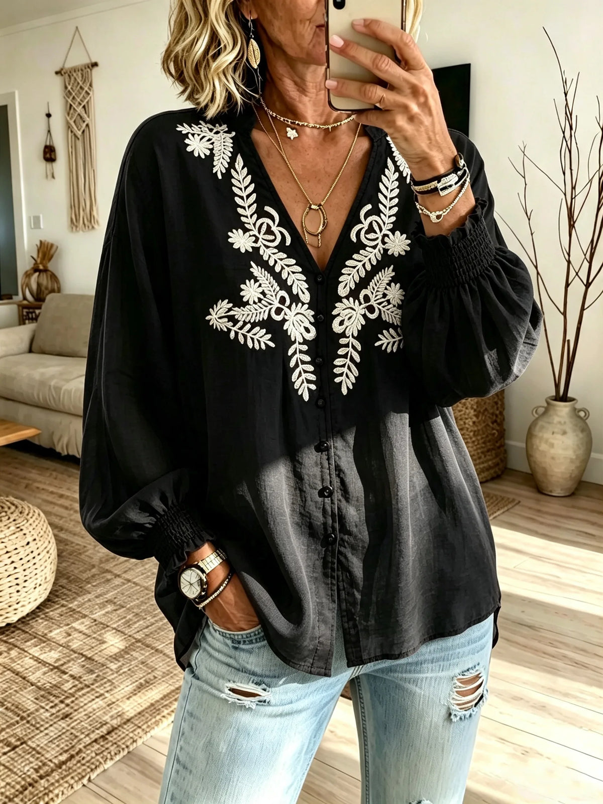 Women's White Botanical Print V-Neck Puff Sleeve Loose Blouse