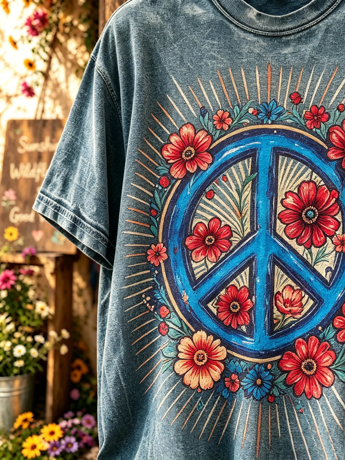 Unisex Vintage Flower Peace Sign Print Short Sleeve T-Shirt