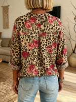 Women’s Leopard Rose Floral Print Ruffle Collar Loose Button Down Blouse
