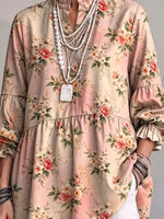 Retro Floral Art Pattern Print Ruffle Casual Stylish Cotton Linen Shirt