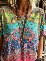 Women's Paisley Rose Gradient Floral Print Crew Neck Short Sleeve T-Shirt