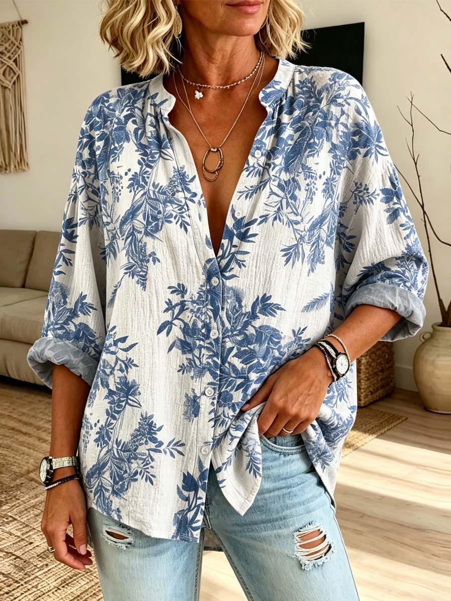 Retro Floral Pattern Art Print Casual Long Sleeve Cotton Linen Shirt