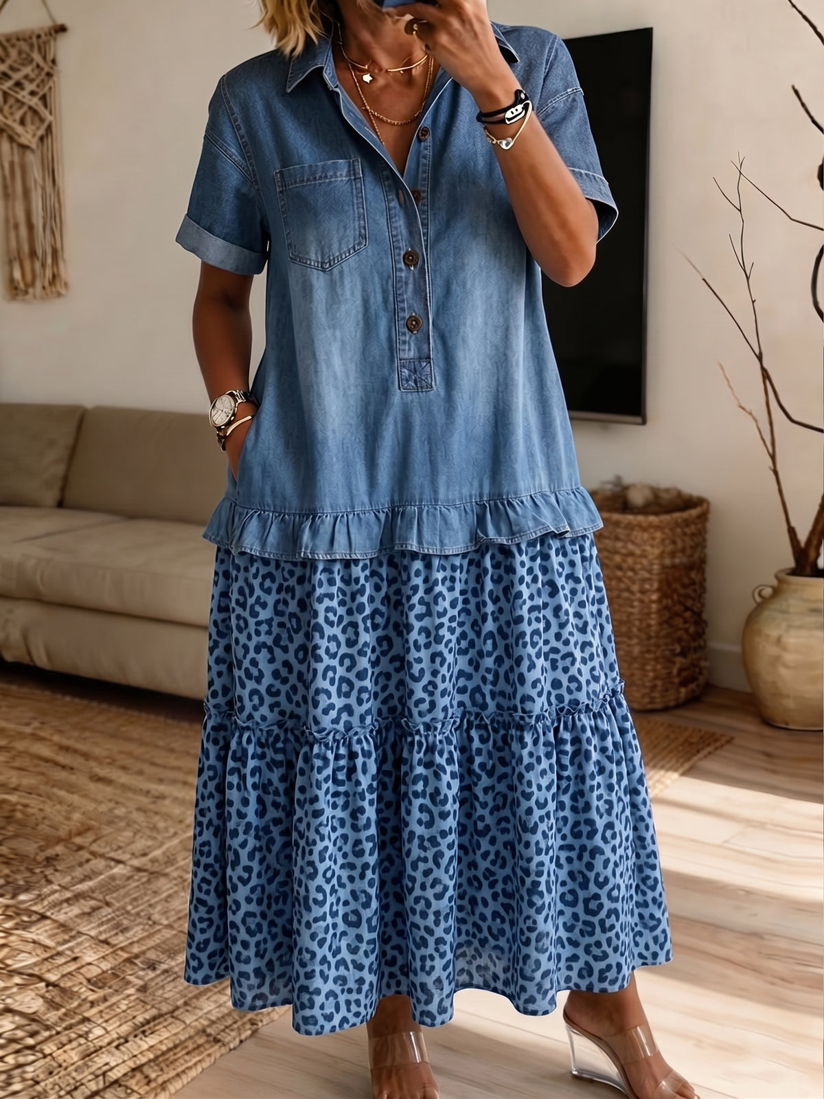 Women's Denim Ruffle Top Blue Leopard Tiered Midi Dress With Pockets