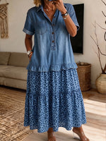 Women's Denim Ruffle Top Blue Leopard Tiered Midi Dress With Pockets